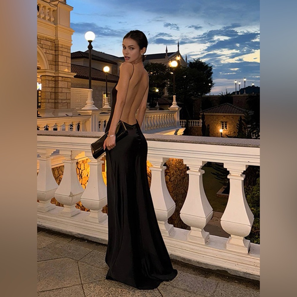 Commense Black Backless Satin Evening Gown